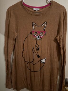Old Navy Brown Fox Sweater with Pink Glasses Accent